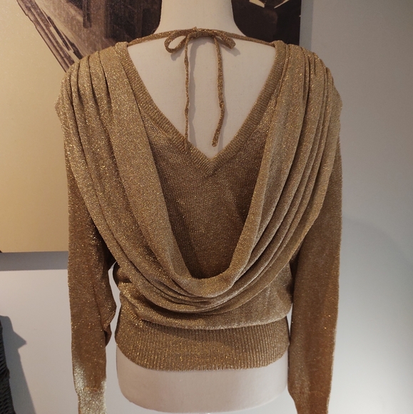 Vintage Dramatic Gold Lame Lurex Draped Open Back Evening Sweater | Sz 12-14 - Picture 4 of 13